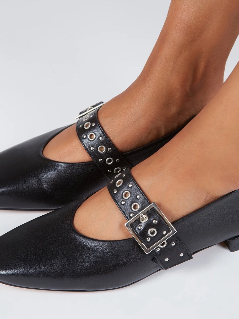 INTENTIONALLY BLANK Black Grommet Mary Jane Flats with Buckle